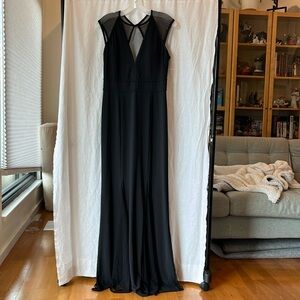 Illusion cap sleeve open back jersey sheath gown, black, size 10